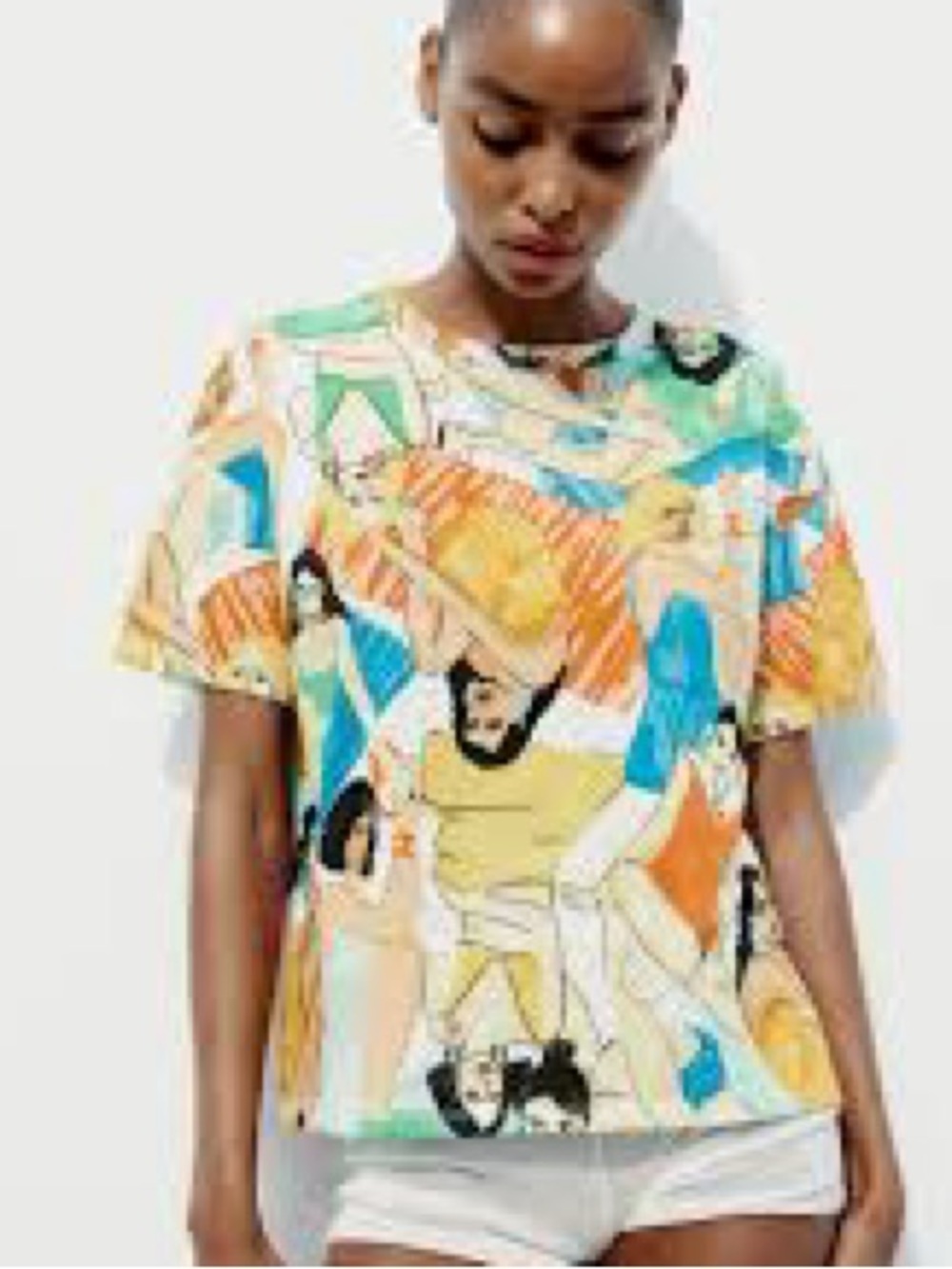 ZARA women medium shirt Short Sleeve Top white multi folk artsy boho max t-shirt
